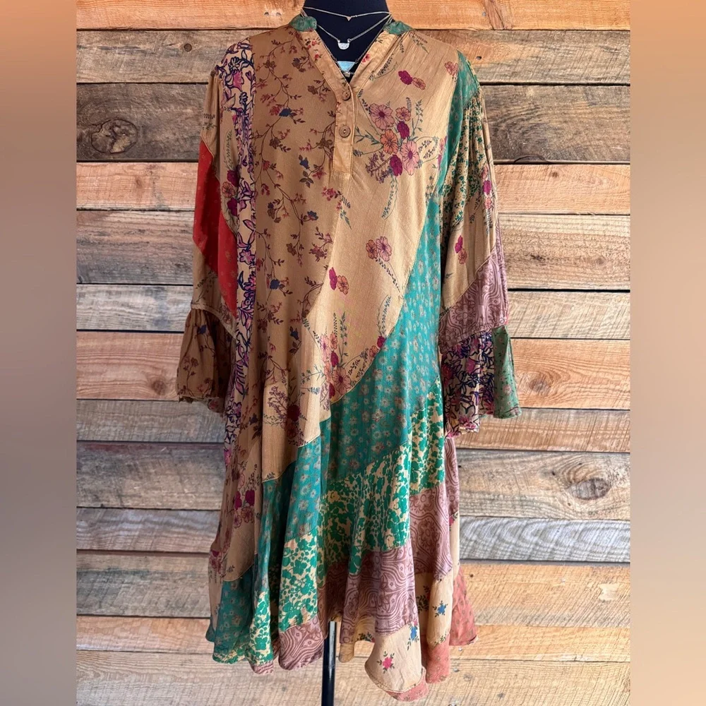 Boho Chic Patchwork Babydoll Dress Size M - Picture 1 of 10